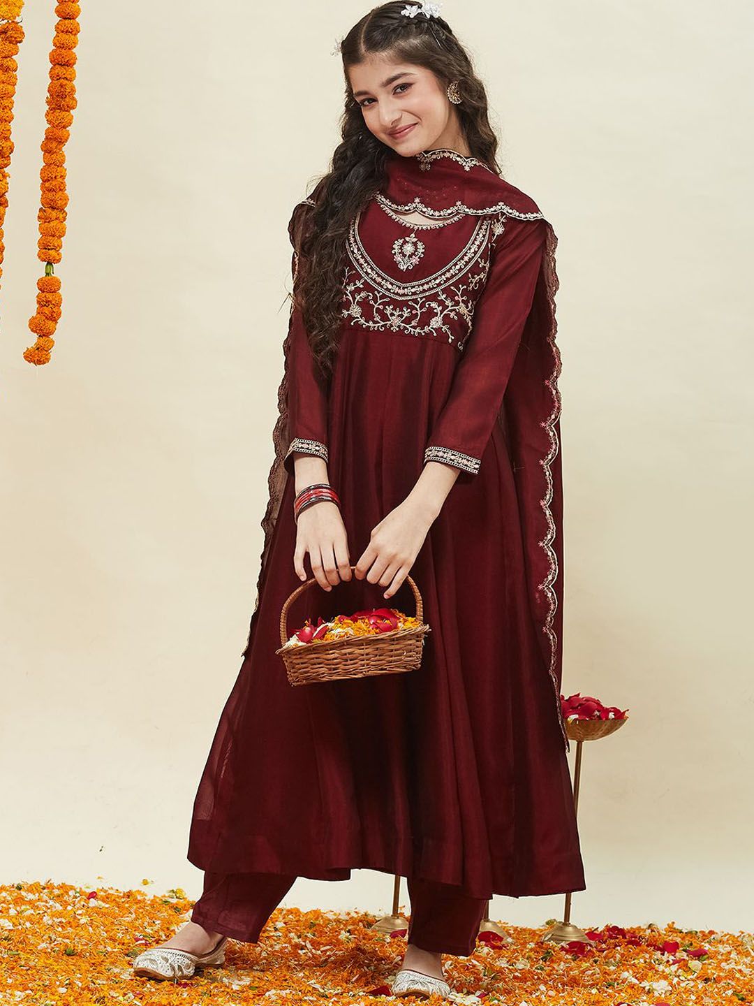 Girls Silk Embroidered Anarkali Kurta and Pant Set with Dupatta