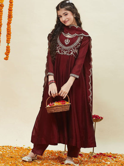 Girls Silk Embroidered Anarkali Kurta and Pant Set with Dupatta