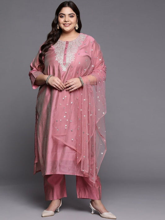 Plus Size Floral Embroidered Regular Chanderi Silk Kurta & Trousers With Dupatta