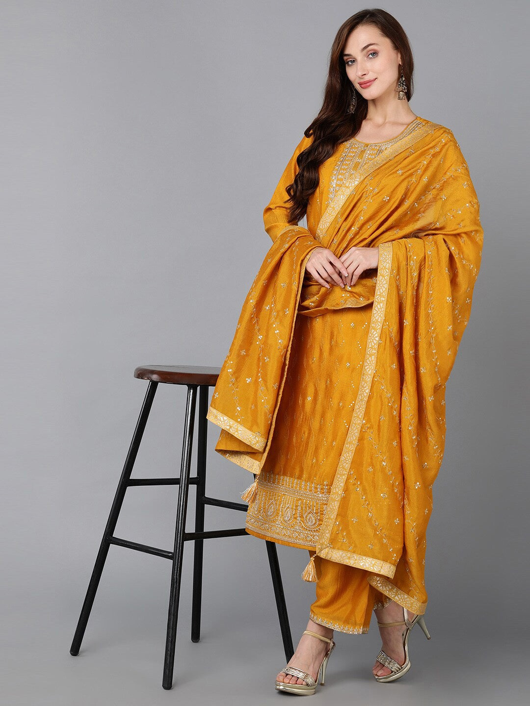 Ethnic Motifs Embroidered Sequinned Kurta With Palazzos & Dupatta