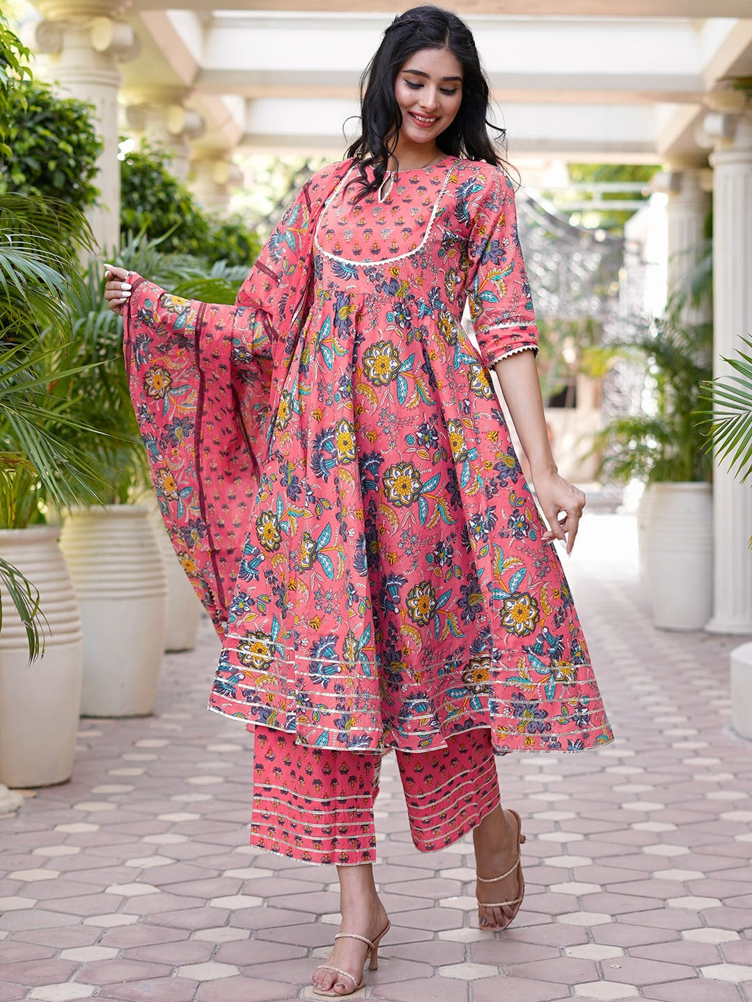 Women Pink Floral Printed Panelled Pure Cotton Kurta with Palazzos & With Dupatta