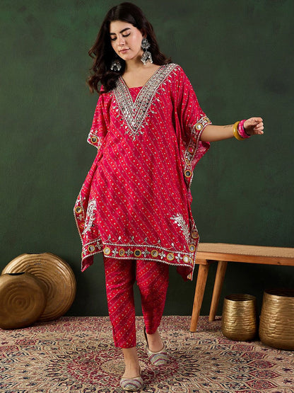Red Bandhani Printed Regular Mirror Work Kaftan Kurta With Trouser