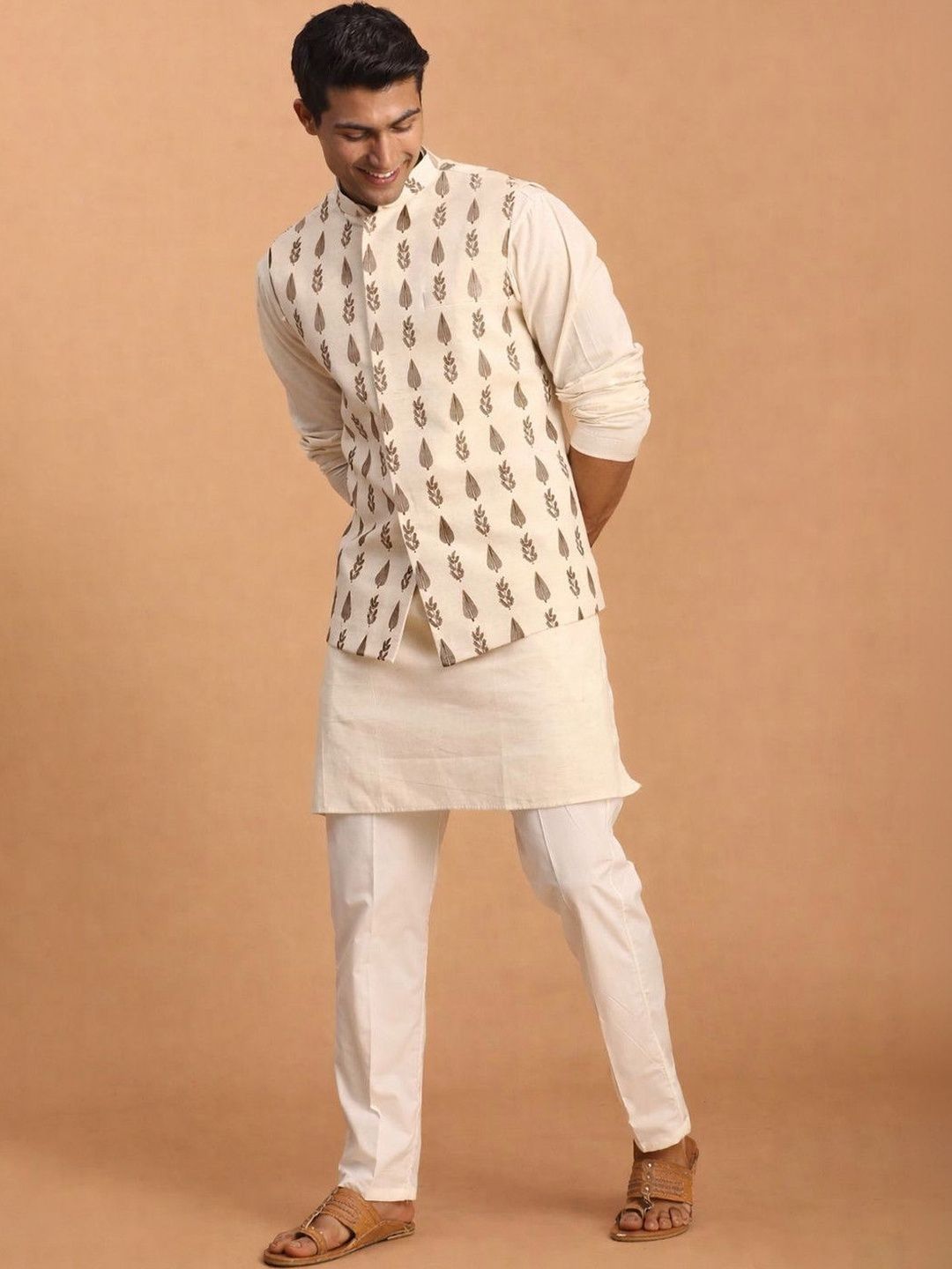 Men Pure Cotton Regular Mid-Length Kurta Set with Printed Nehru Jacket
