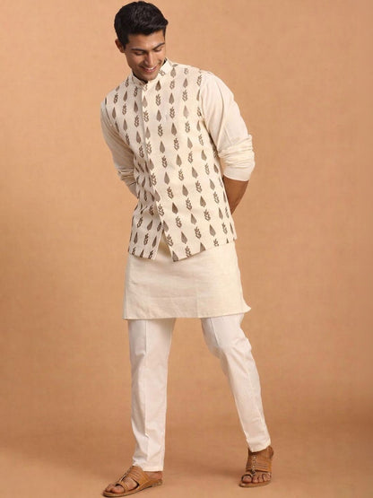 Men Pure Cotton Regular Mid-Length Kurta Set with Printed Nehru Jacket