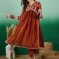 Rust Embroidered High Slit A-Line Kurta With Trouser