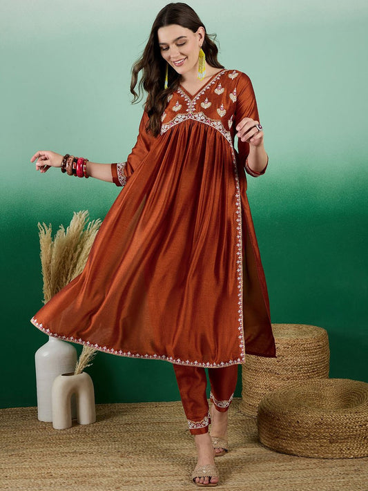 Rust Embroidered High Slit A-Line Kurta With Trouser