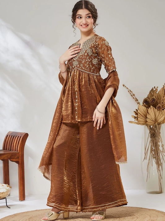 Girls Chocolate Brown Embroidered Peplum Kurta And Plazzo With Dupatta Set