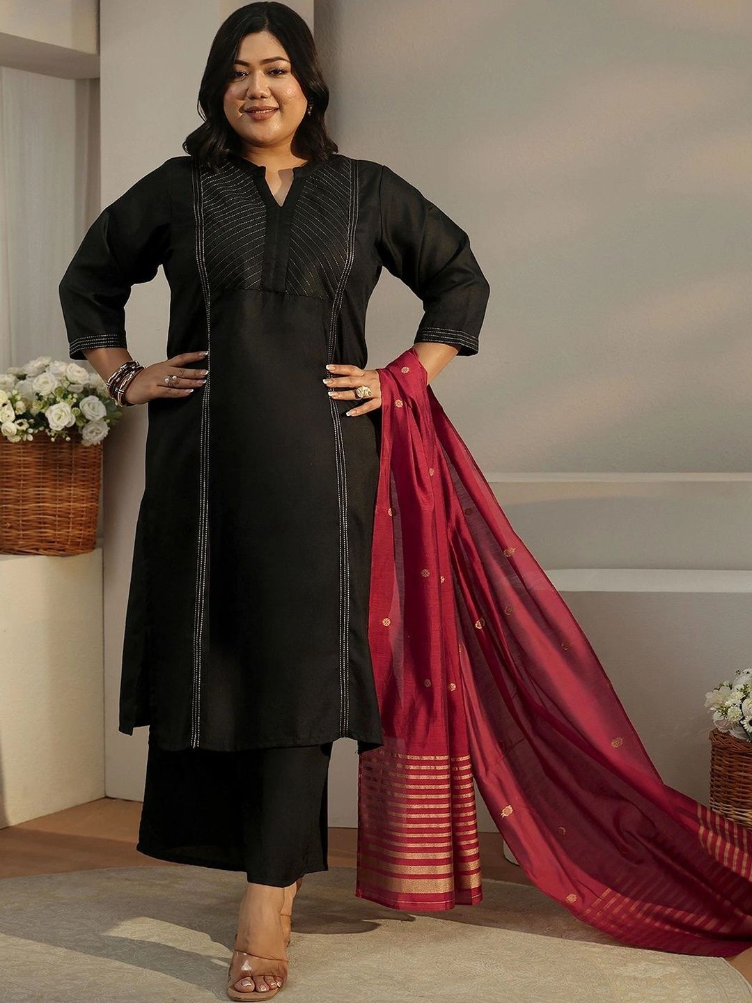 Women Ethnic Motifs Embroidered Regular Thread Work Kurta with Palazzos & With Dupatta