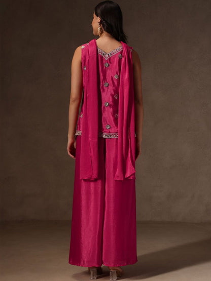 Women Ethnic Motifs Embroidered Regular Thread Work Silk Chiffon Kurta with Palazzos & With Dupatta