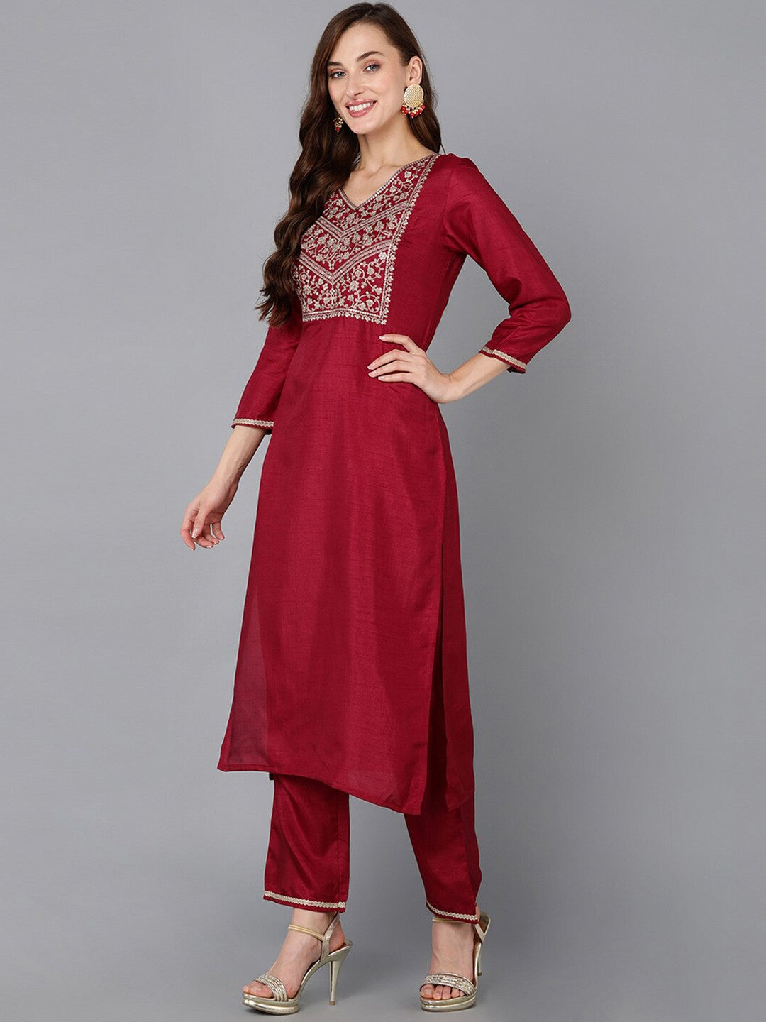 Maroon Ethnic Motifs Yoke Design Zari Sequinned Kurta with Trousers & Dupatta