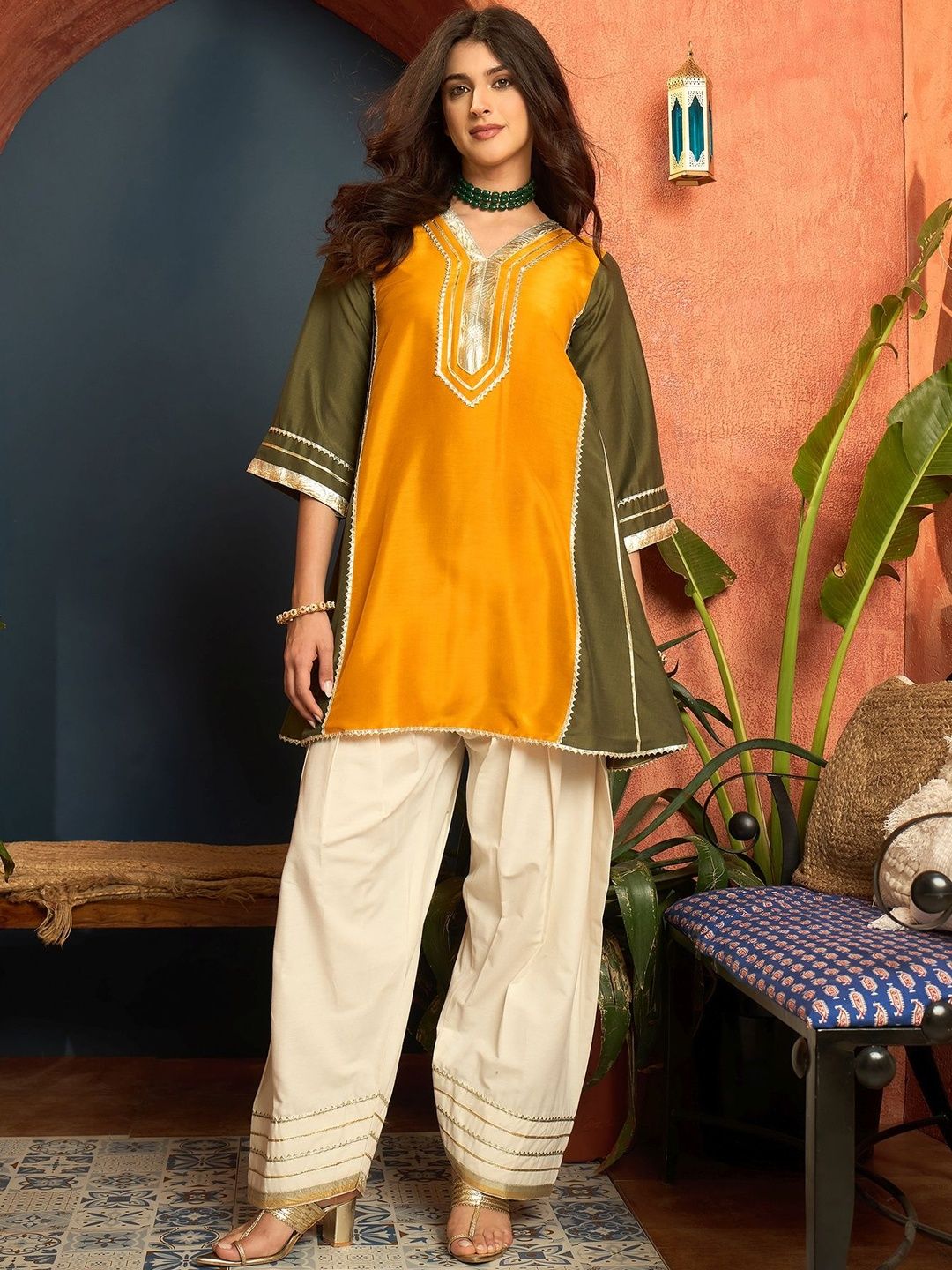 Women Ethnic Motifs Embroidered Regular Gotta Patti Kurta with Salwar