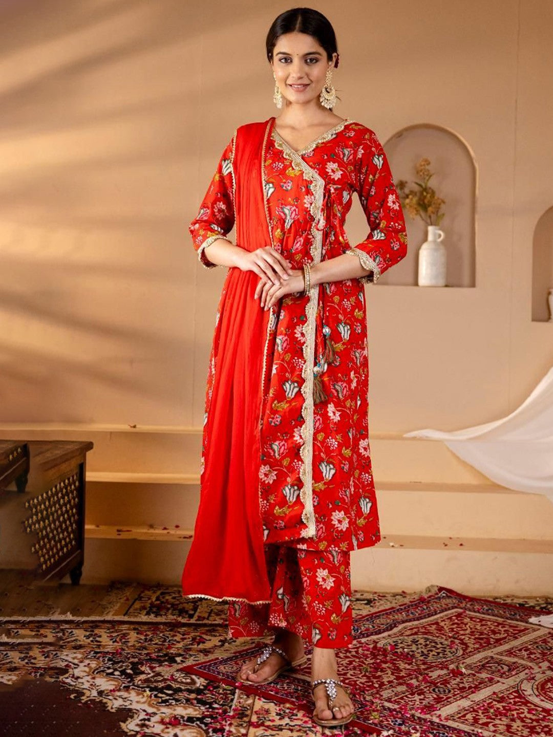 Floral Printed Angrakha Gotta Patti Pure Cotton Kurta with Palazzos & Dupatta