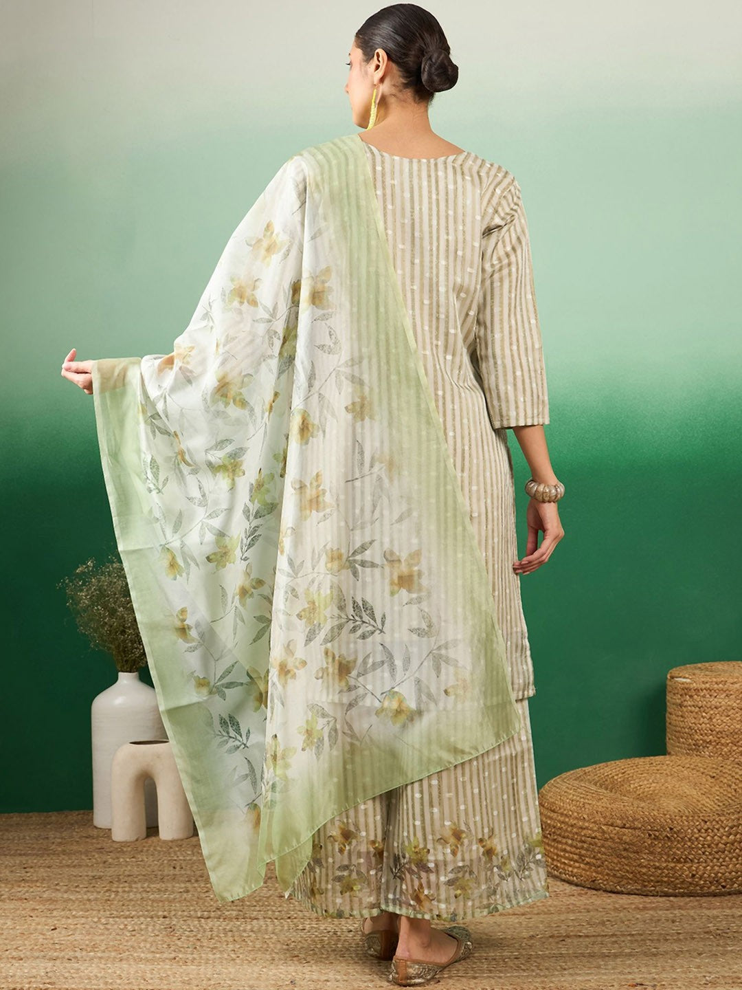 Green Striped Beads & Stones Organza Straight Kurta & Palazzos With Dupatta