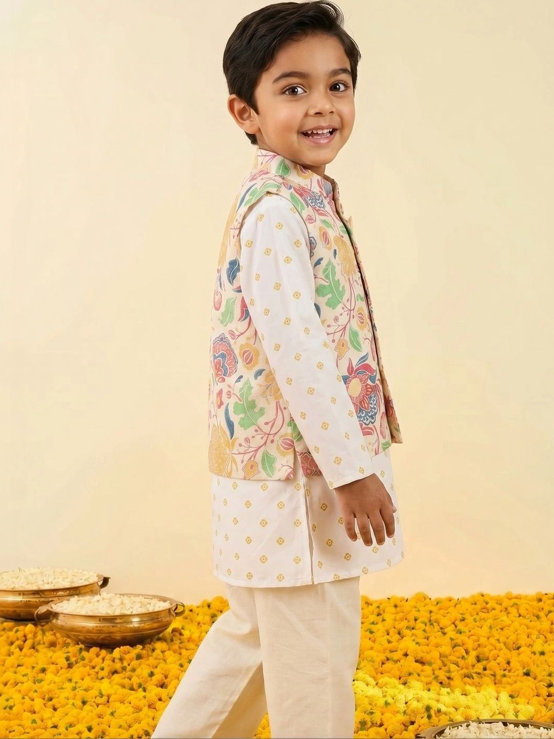 Boys Floral Printed Pure Cotton Straight Kurta With Churidar & Nehru jacket Set