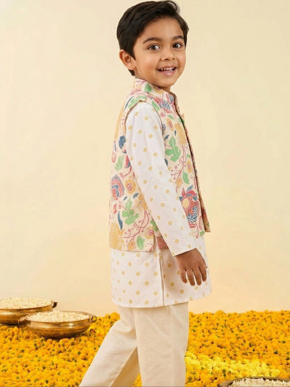 Boys Floral Printed Pure Cotton Straight Kurta With Churidar & Nehru jacket Set