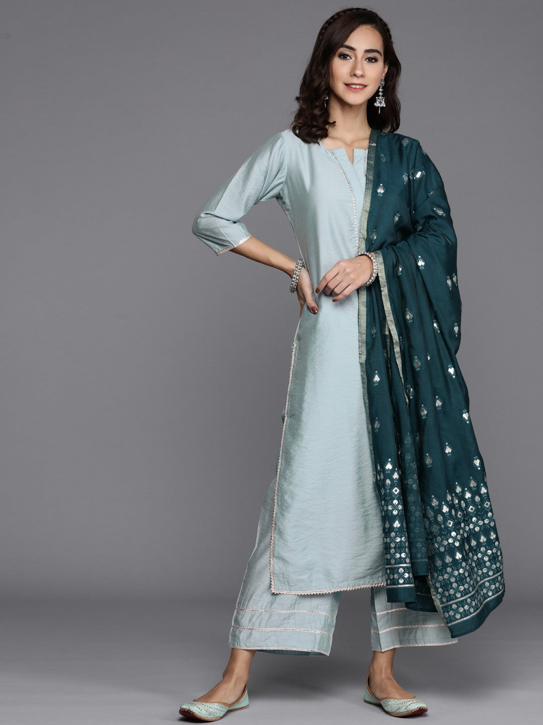 Women Blue Chanderi Silk Gotta Patti Kurta with Palazzos & Dupatta