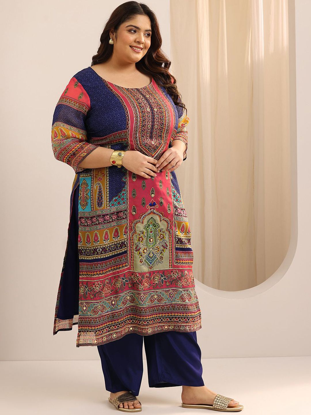 Women Plus Size Ethnic Motifs Printed Kurta with Palazzos & Dupatta