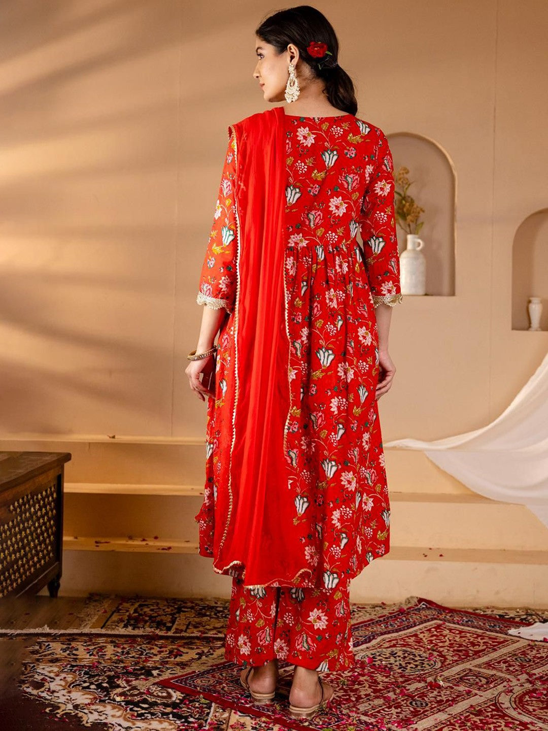 Floral Printed Angrakha Gotta Patti Pure Cotton Kurta with Palazzos & Dupatta