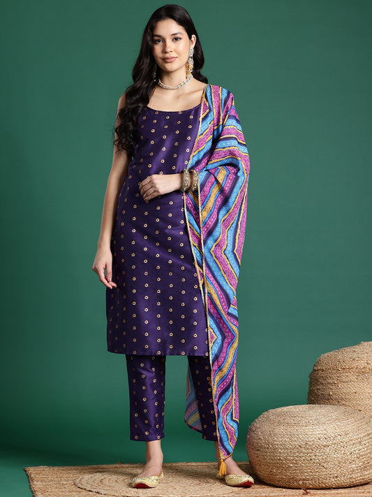 Bandhani Printed Shoulder Straps Kurta Set With Dupatta