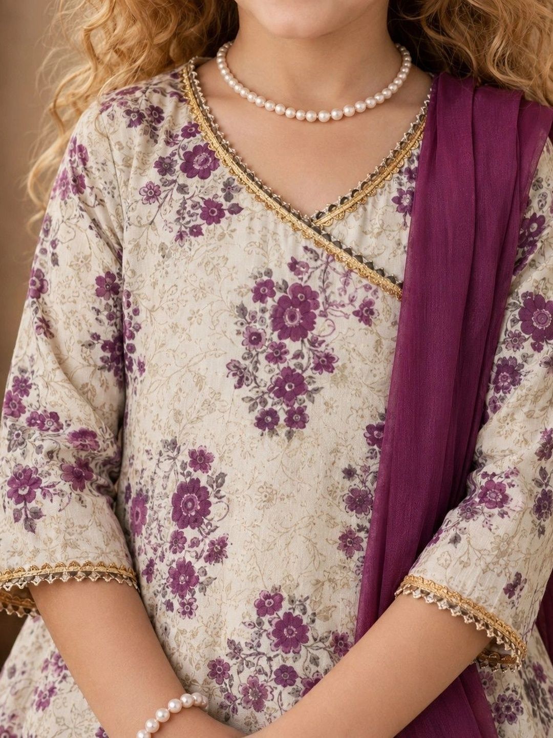 Girls Floral Printed Angrakha Pure Cotton Kurta with Sharara & With Dupatta
