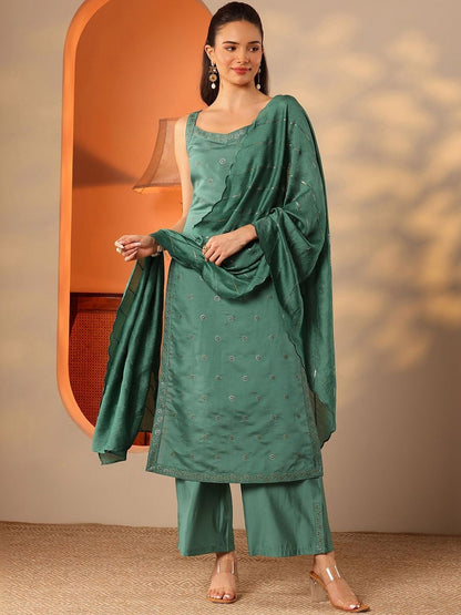 Women Ethnic Motifs Embroidered Regular Thread Work Kurta with Palazzos & With Dupatta
