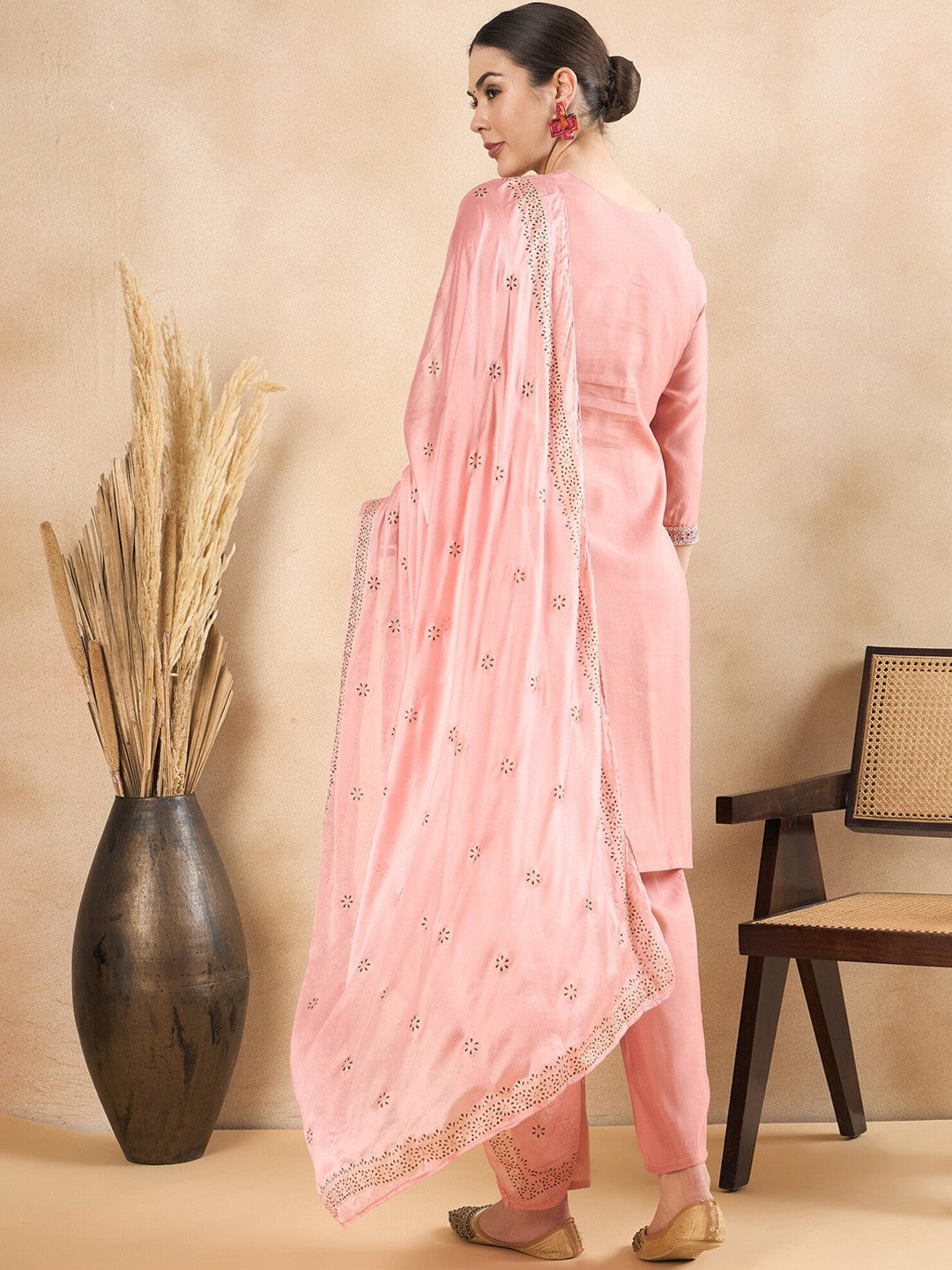 Peach-Coloured Floral Embroidered Regular Sequinned Kurta With Trousers & Dupatta