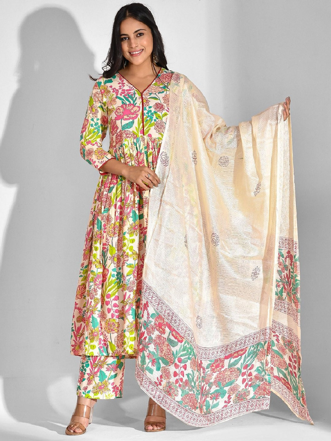 Floral Printed V-Neck Anarkali Kurta With Palazzos & Dupatta