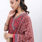 Red & Blue Floral Printed Angrakha Kurta With Palazzos & Dupatta