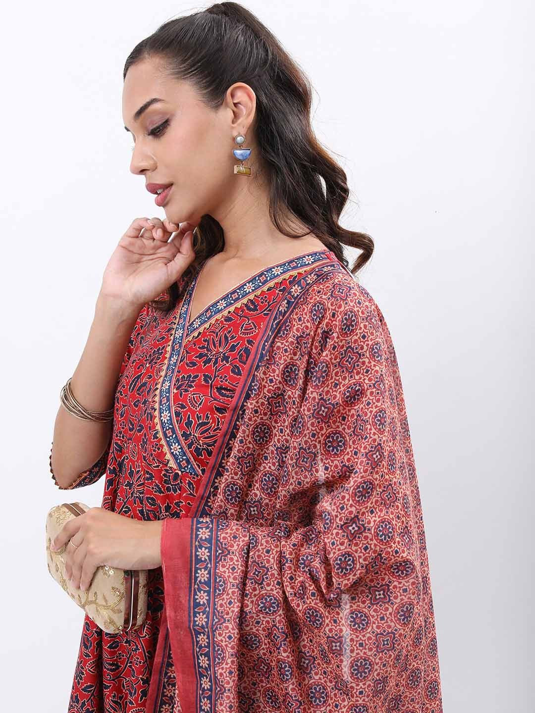 Red & Blue Floral Printed Angrakha Kurta With Palazzos & Dupatta