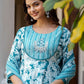 Blue Floral Printed Panelled Pure Cotton Anarkali Kurta With Trousers & Dupatta