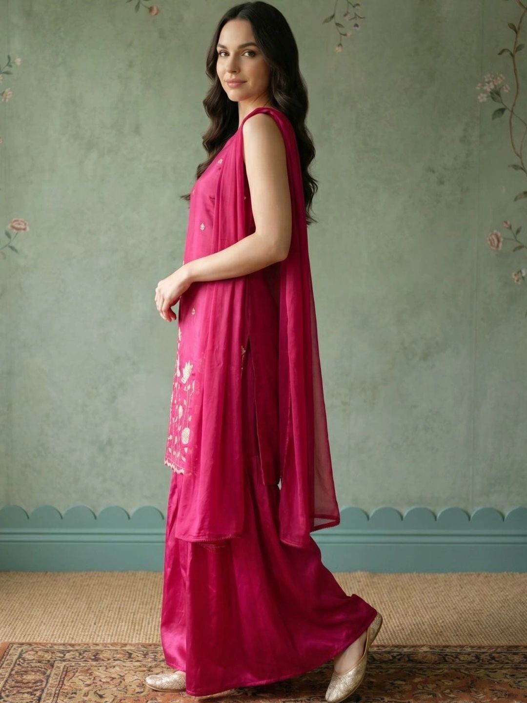 Women Floral Embroidered Regular Thread Work Kurta with Sharara & With Dupatta
