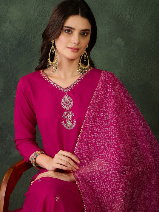 Women Zari V-Neck Straight Kurta With Trousers And Dupatta