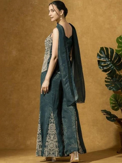 Women Embroidered Top with Palazzos & Jacket