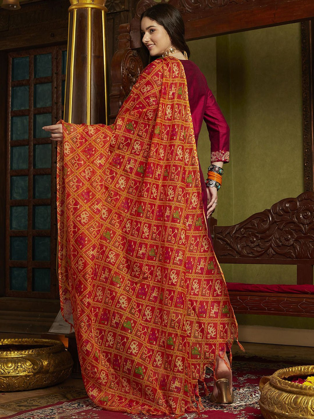 Embroidered Round-Neck Kurta With Trouser & Dupatta