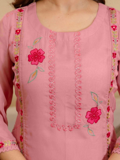 Women Floral Embroidered Straight Kurta with Trousers & Dupatta
