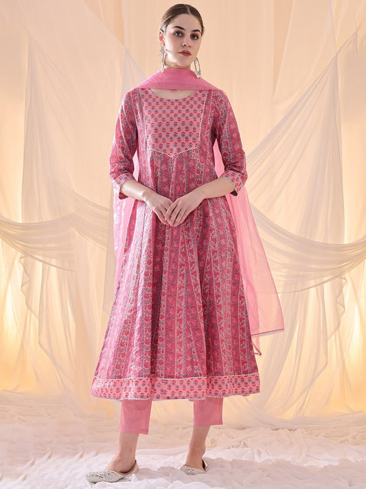 Floral Printed Anarkali Gotta Patti Pure Cotton Kurta With Trousers & Dupatta