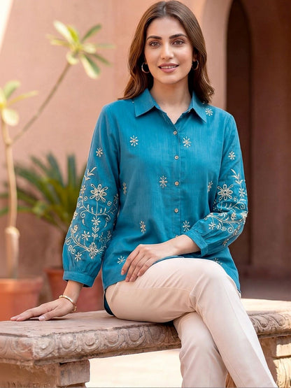 Women Shirt Collar Embroidered Ethnic Tunic