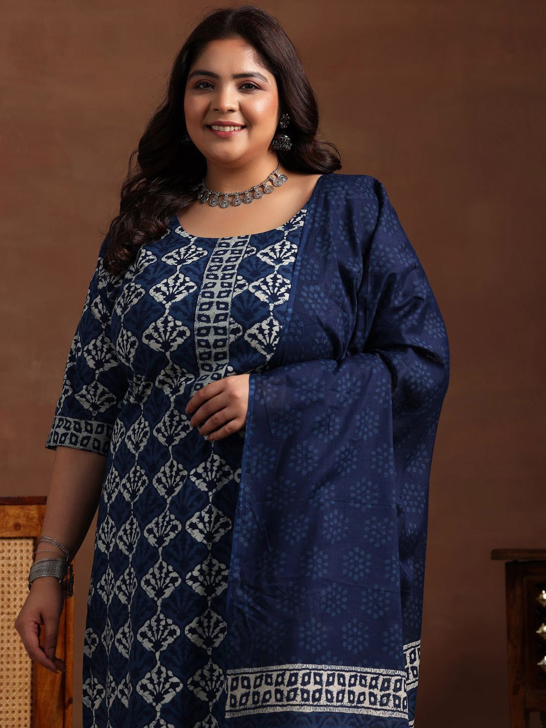 Plus Size Ethnic Motif Printed Pure Cotton Kurta with Salwar & Dupatta