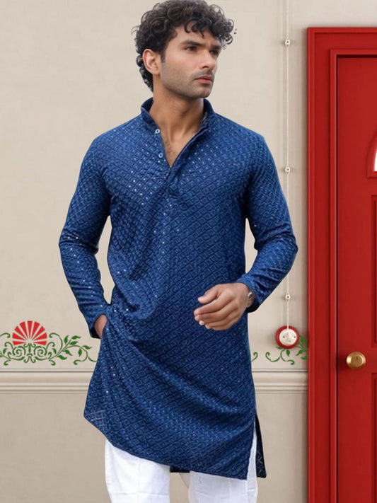 Men Ethnic Motifs Sequins Embroidered Mandarin Collar Kurta
