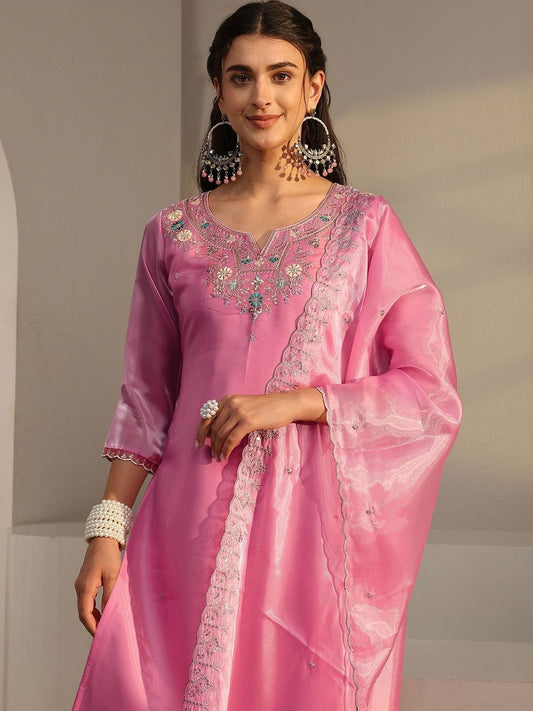Women Pink Floral Embroidered Tissue Straight Suit Set with Dupatta