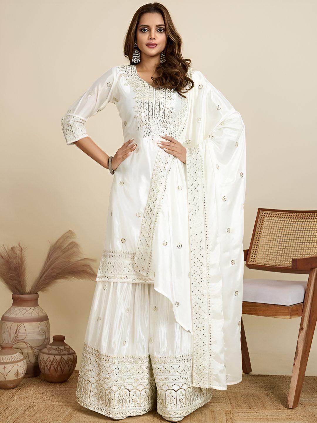 Women Ethnic Motifs Embroidered Silk A-Line Kurta with Sharara & Dupatta