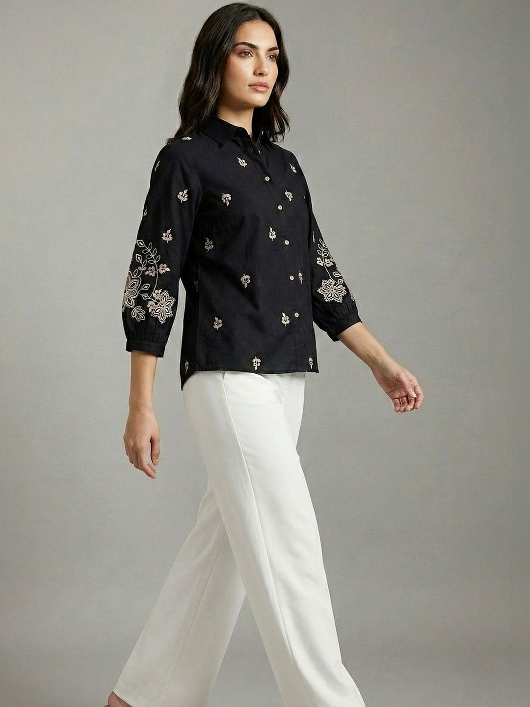 Women Shirt Collar Embroidered Ethnic Tunic