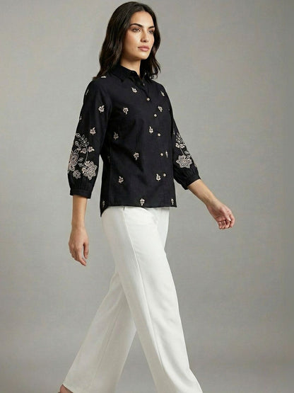 Women Shirt Collar Embroidered Ethnic Tunic