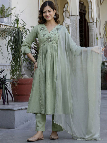 Floral Yoke Design V-Neck Empire Aari Work Pure Cotton Kurta with Pyjamas & Dupatta