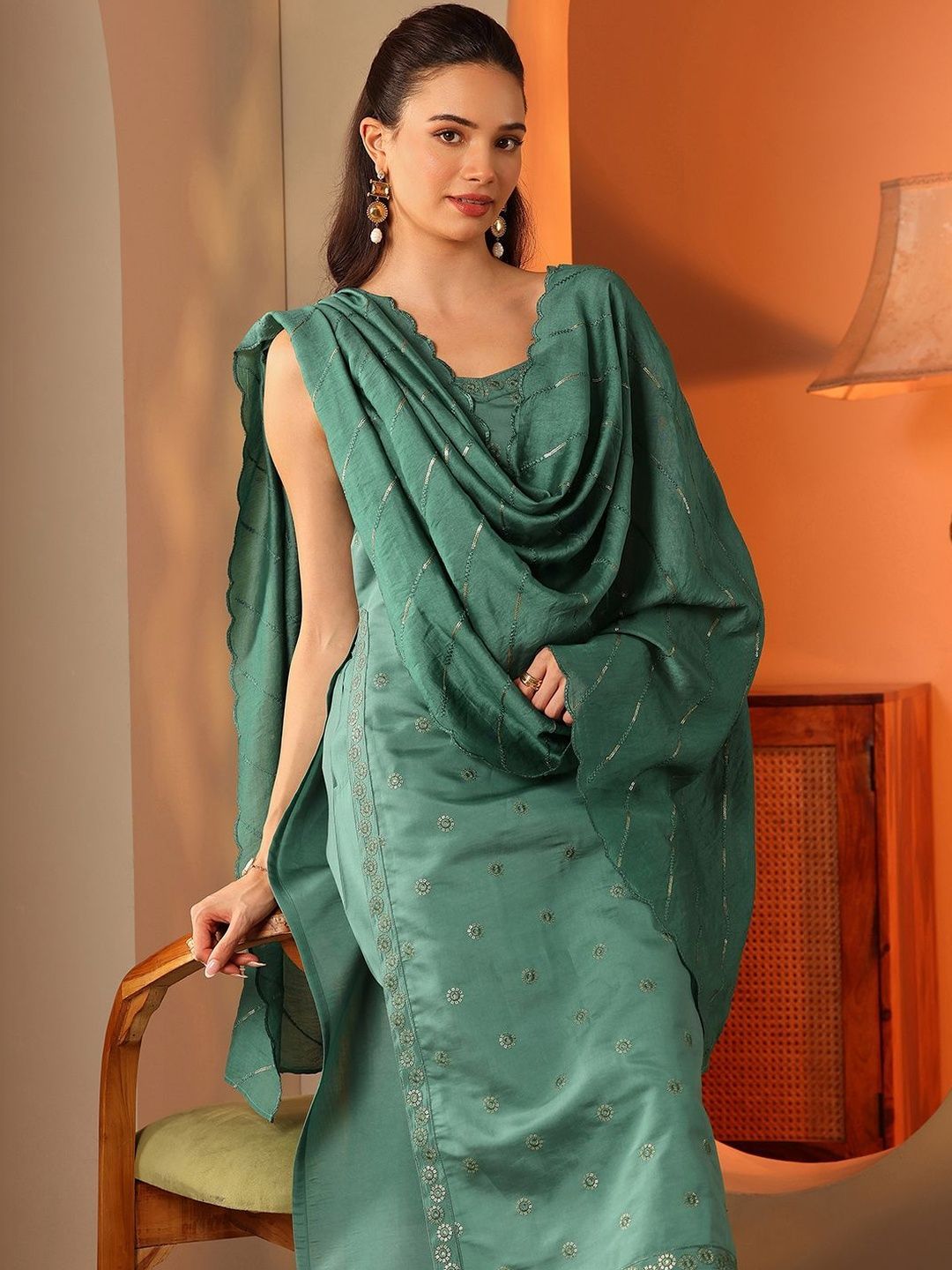 Women Ethnic Motifs Embroidered Regular Thread Work Kurta with Palazzos & With Dupatta