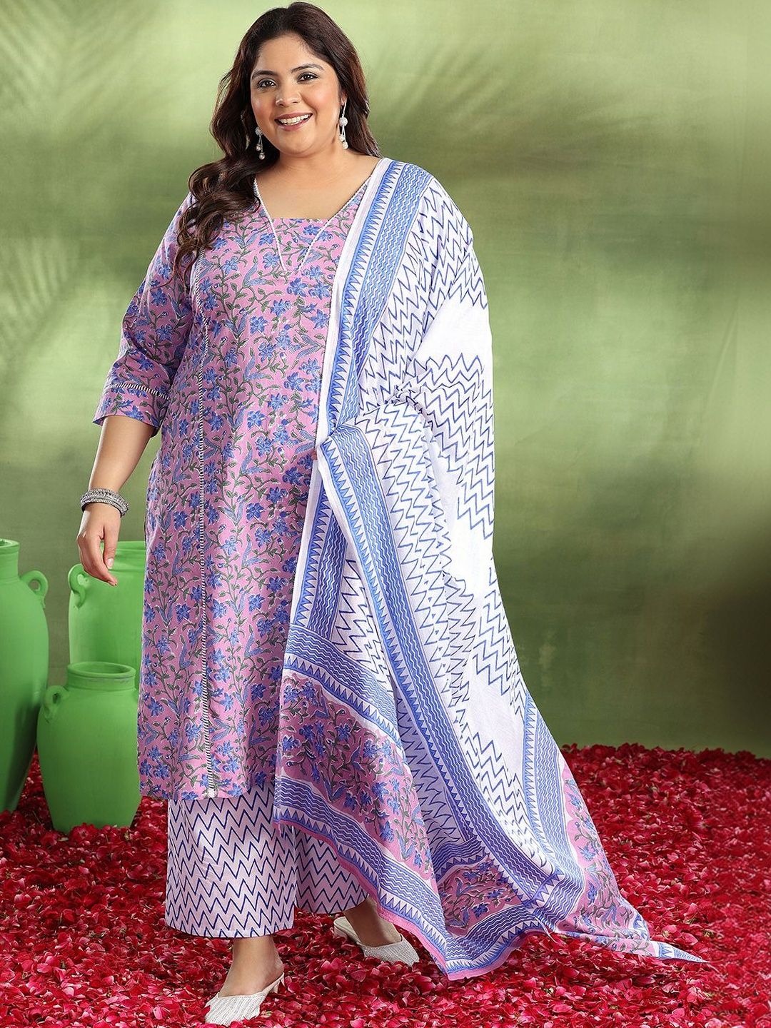 Plus Size Purple Printed Cotton Straight Suit With Dupatta
