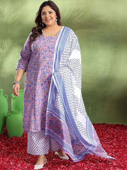 Plus Size Purple Printed Cotton Straight Suit With Dupatta
