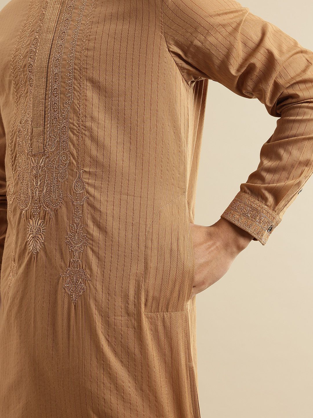 Striped Mandarin Collar Thread Work Jashn Kurta with Trousers
