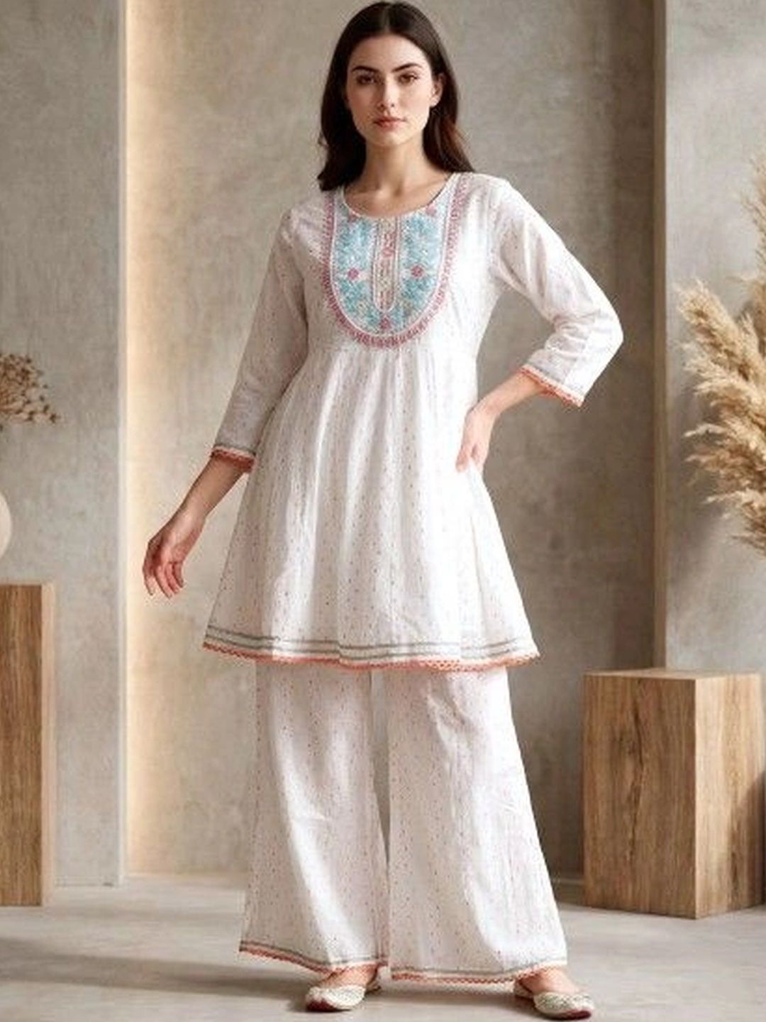 Women Ethnic Motifs Embroidered Empire Thread Work Kurti with Palazzos