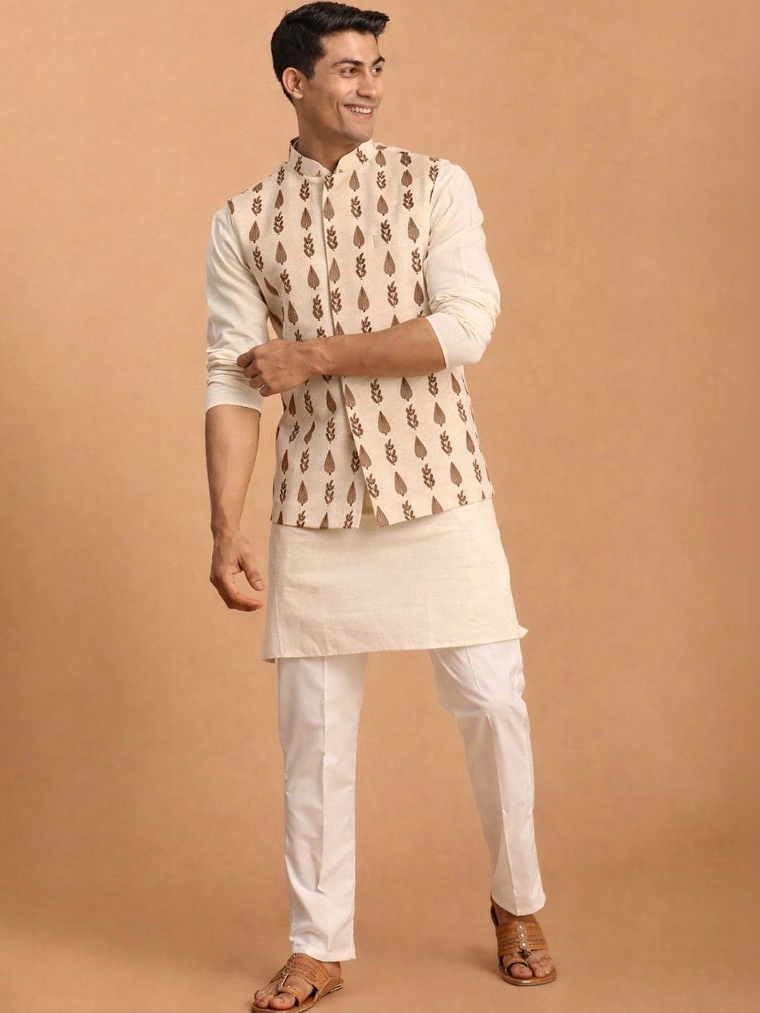 Men Pure Cotton Regular Mid-Length Kurta Set with Printed Nehru Jacket